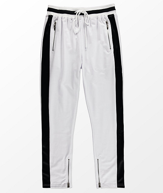 white track pants with black stripe