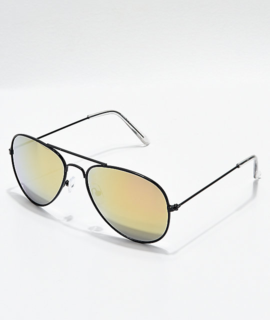 black sunglasses with gold lenses