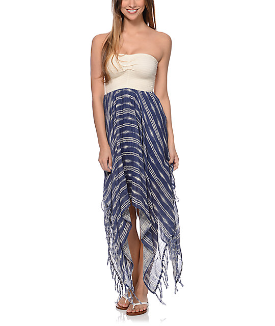 Billabong Blissful Dayz White & Blue Stripe Strapless Dress | Zumiez