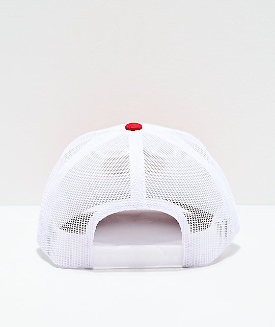 red and white trucker cap