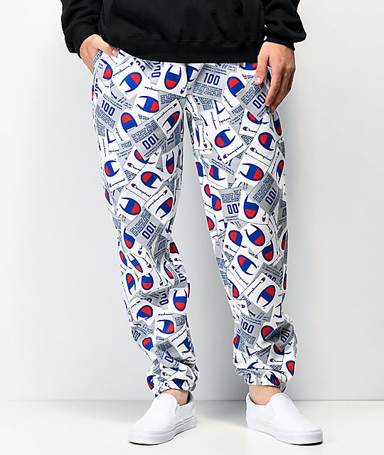 champion pants with logo all over