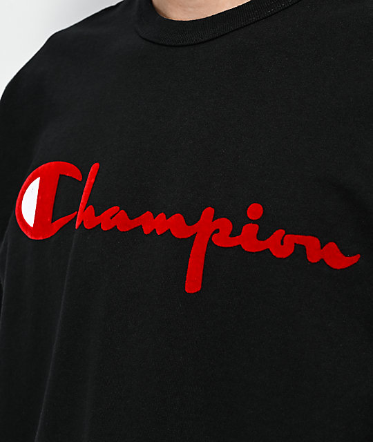 black & red champion shirt