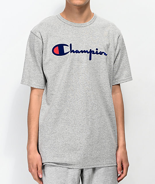 grey and blue champion shirt