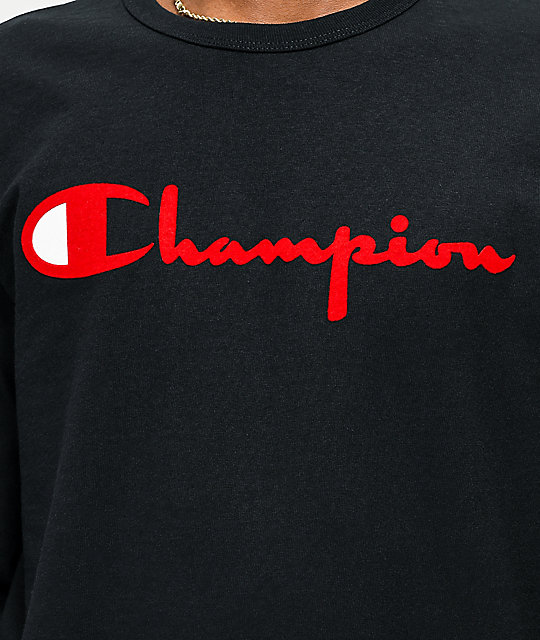 red and black champion shirt