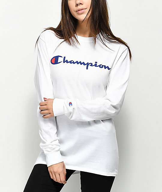 Champion Front Script Logo White Long Sleeve T-Shirt | Zumiez