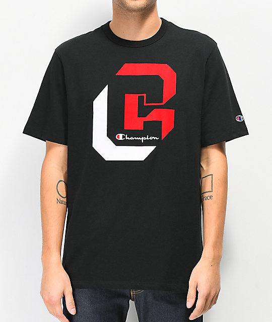 red black and white champion shirt