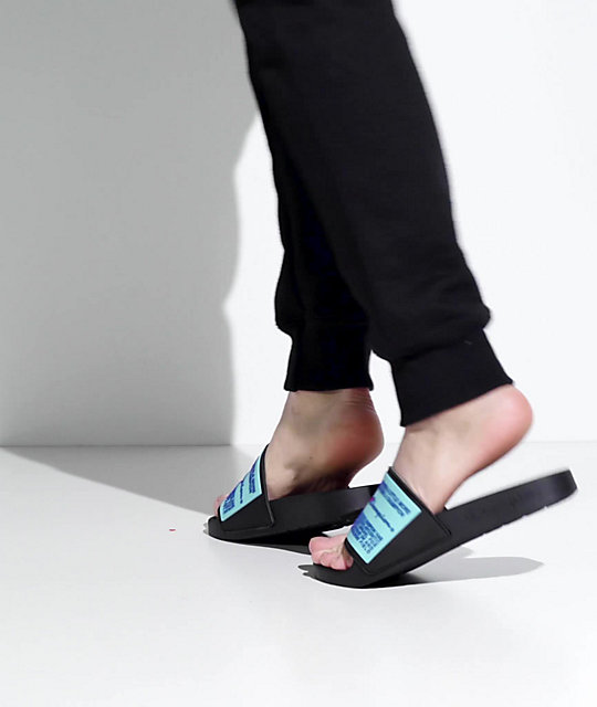 pink and blue champion slides