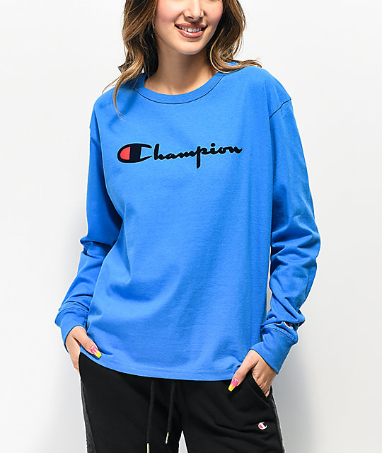 blue and black champion shirt