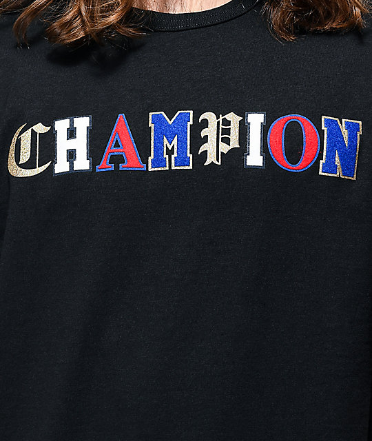 blue and black champion shirt