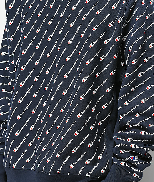 champion reverse weave all over print blue crew neck sweatshirt