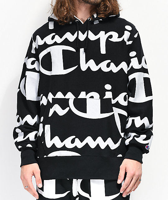 Champion Reverse Weave All Over Script Black Hoodie Zumiez Ca