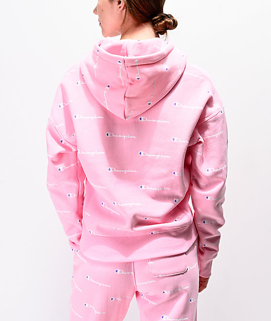 pink champion hoodie reverse weave