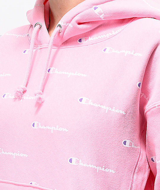 champion reverse weave allover logo pink hoodie