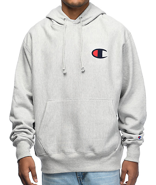 champion hoodie grey big logo
