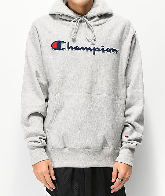 champion reverse weave chenille logo grey hoodie