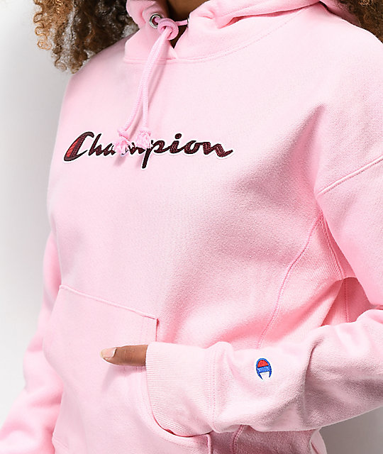 champion reverse weave chenille logo pink hoodie