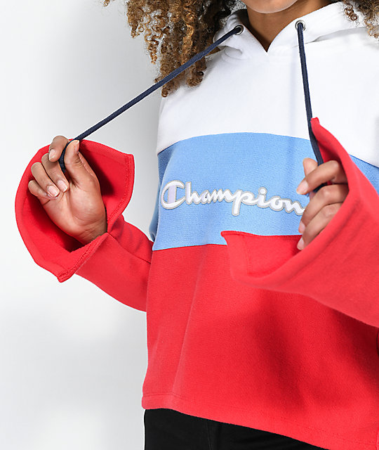 champion hoodie red blue white
