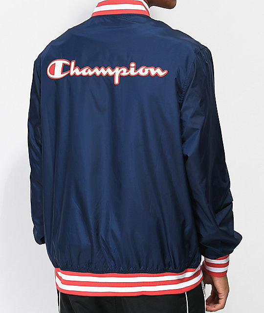 champion satin navy baseball jacket