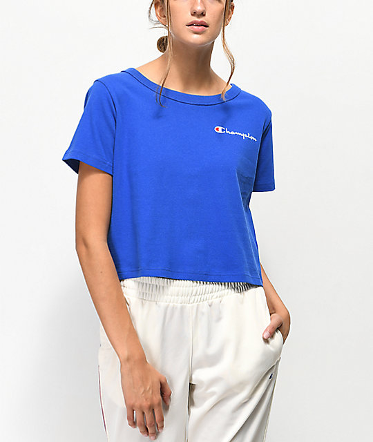 blue cropped champion shirt