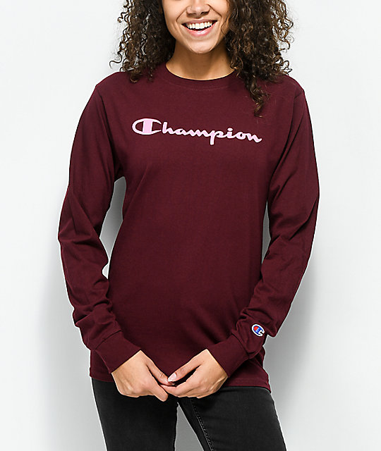 Champion Script Burgundy & Pink Long Sleeve T-Shirt | Zumiez