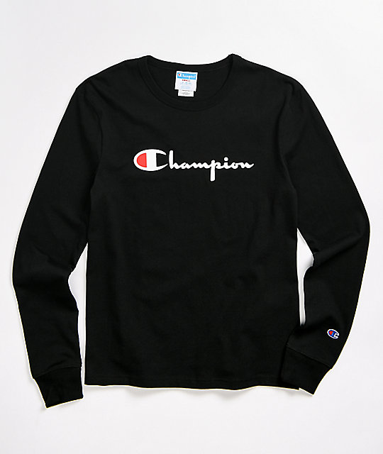 Champion Script Logo Black & White Long Sleeve T-Shirt | Zumiez