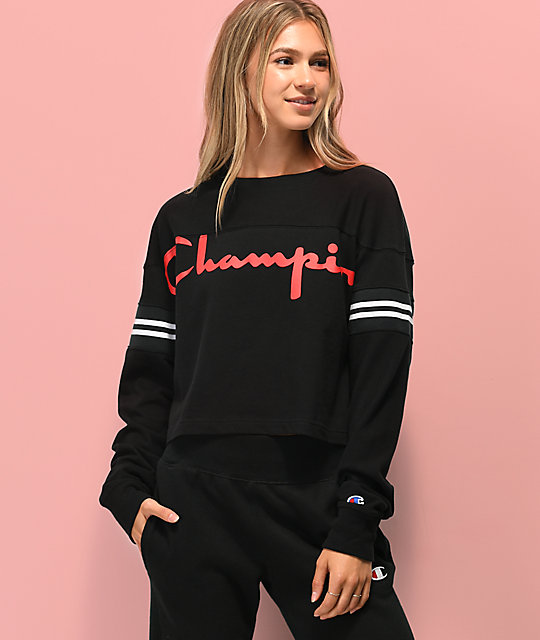 Champion Script Logo Black Crop Long Sleeve T Shirt Zumiez