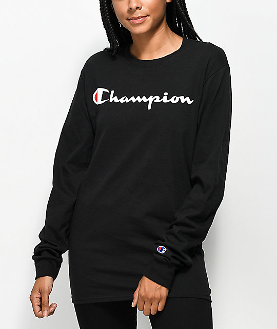 Champion Script Logo Black Long Sleeve T-Shirt | Zumiez