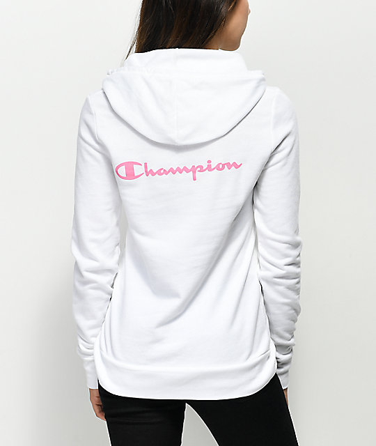 pink and white champion hoodie