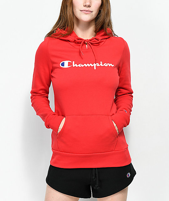 red champion hoodie and sweatpants