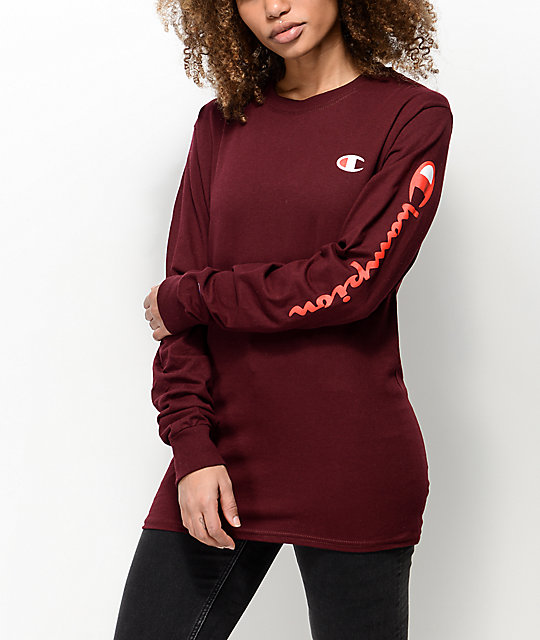 long sleeve burgundy champion shirt