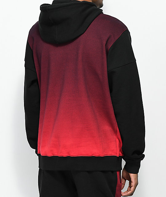 red hoodie with black sleeves