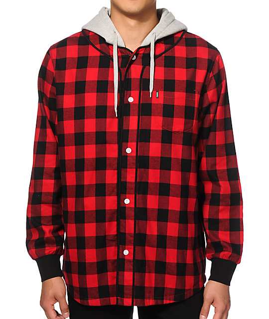 red flannel with grey hood