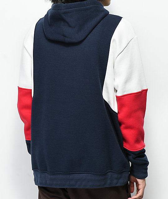 navy and red hoodie
