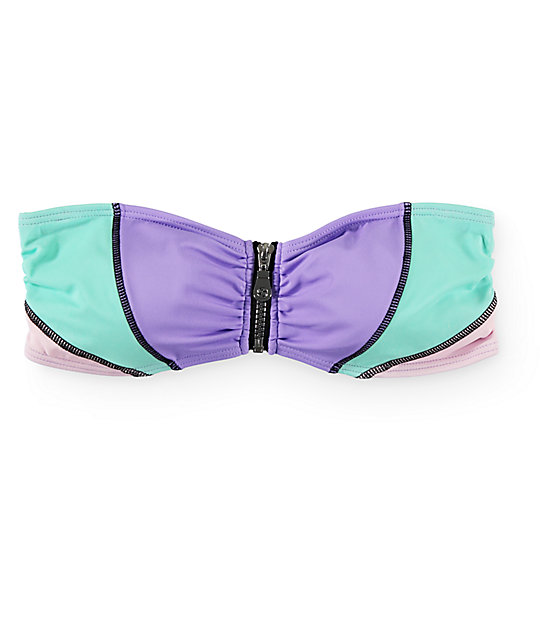 Damsel Sporty Lilac Colorblock Zipper Bandeau Bikini Top | Zumiez