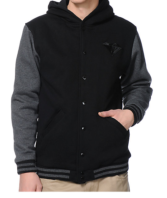 Diamond Supply Co Black & Grey Hooded Fleece Varsity Jacket