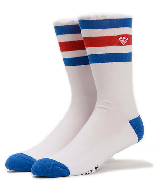 Diamond Supply Co Three Stripe High White & Blue Crew Socks | Zumiez