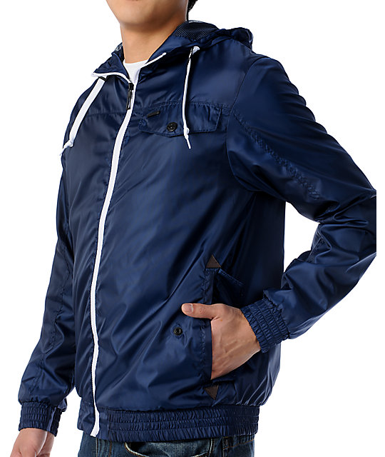 navy blue windbreaker with hood