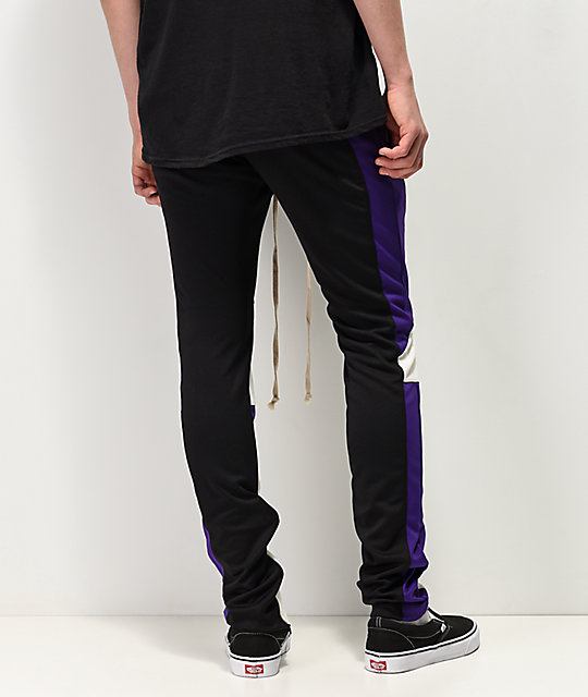 black and purple track pants