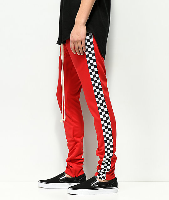 red checkered track pants