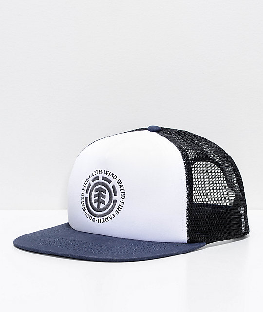 navy and white trucker hat