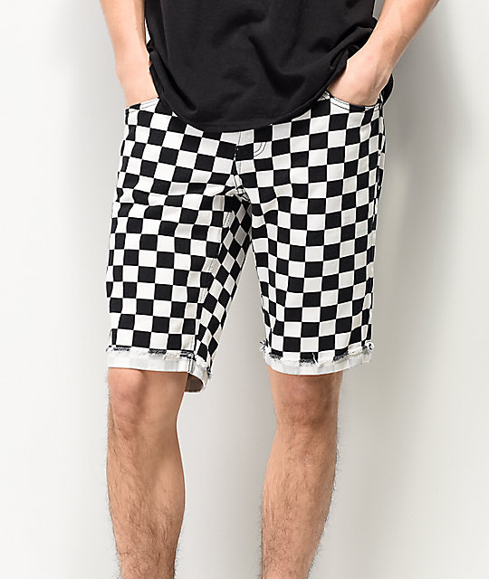 checkered denim shorts