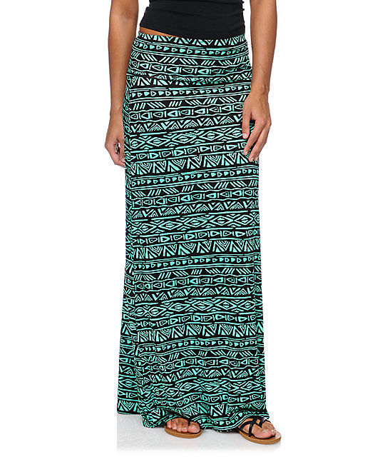 Empyre Black & Mint Tribal Print Maxi Skirt at Zumiez : PDP