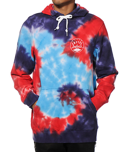 red and blue tie dye hoodie