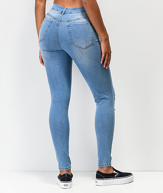 Empyre Drea High-Rise Exposed Button Light Wash Denim Jeggings | Zumiez