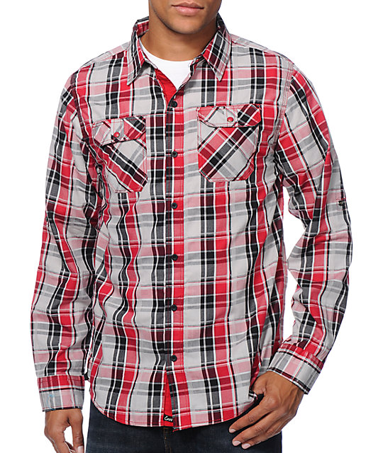 Empyre Rocknoceros Grey & Red Plaid Long Sleeve Button Up Shirt | Zumiez