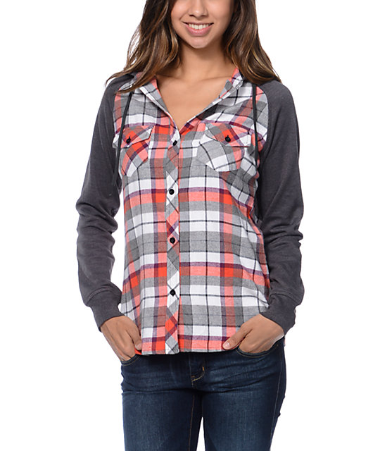 Empyre Sycamore Red & Grey Plaid Hooded Flannel Shirt at Zumiez : PDP