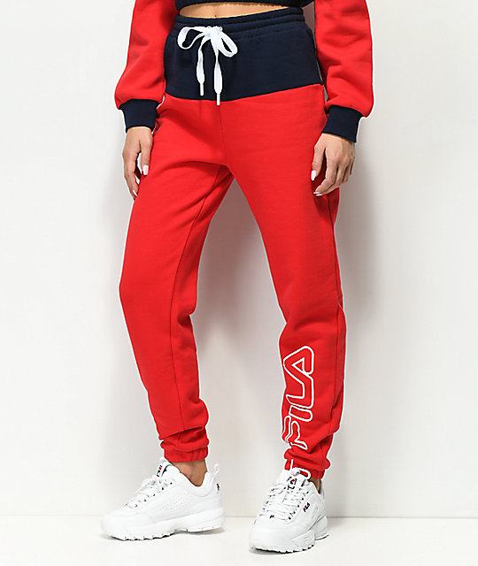 red and blue joggers