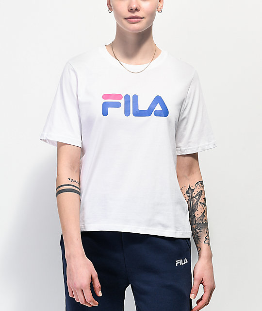 white and pink fila shirt