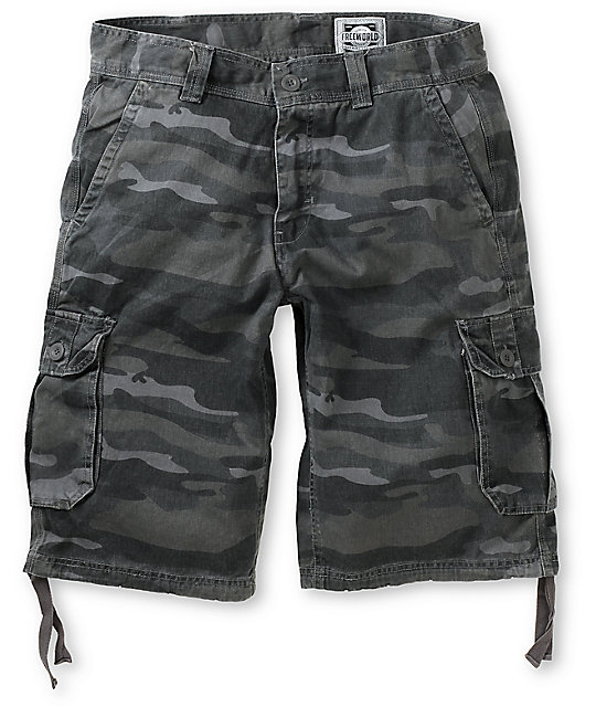 black and grey camo cargo shorts