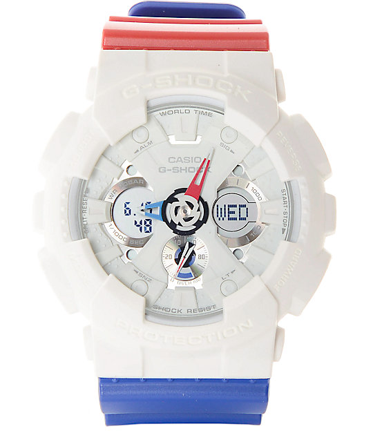 white and blue g shock watch